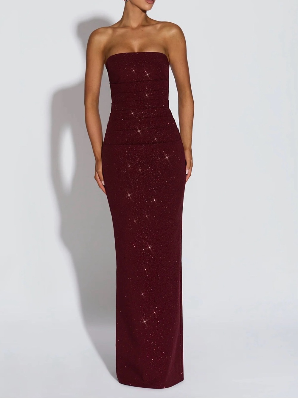 Babyboo Pandra Maxi Dress Wine Sparkle M Strapless Ruched Prom HOCO wedding Dark